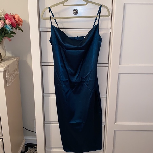 Satin Cowl Neck Midi Dress Turquoise Spaghetti straps - Picture 10 of 11
